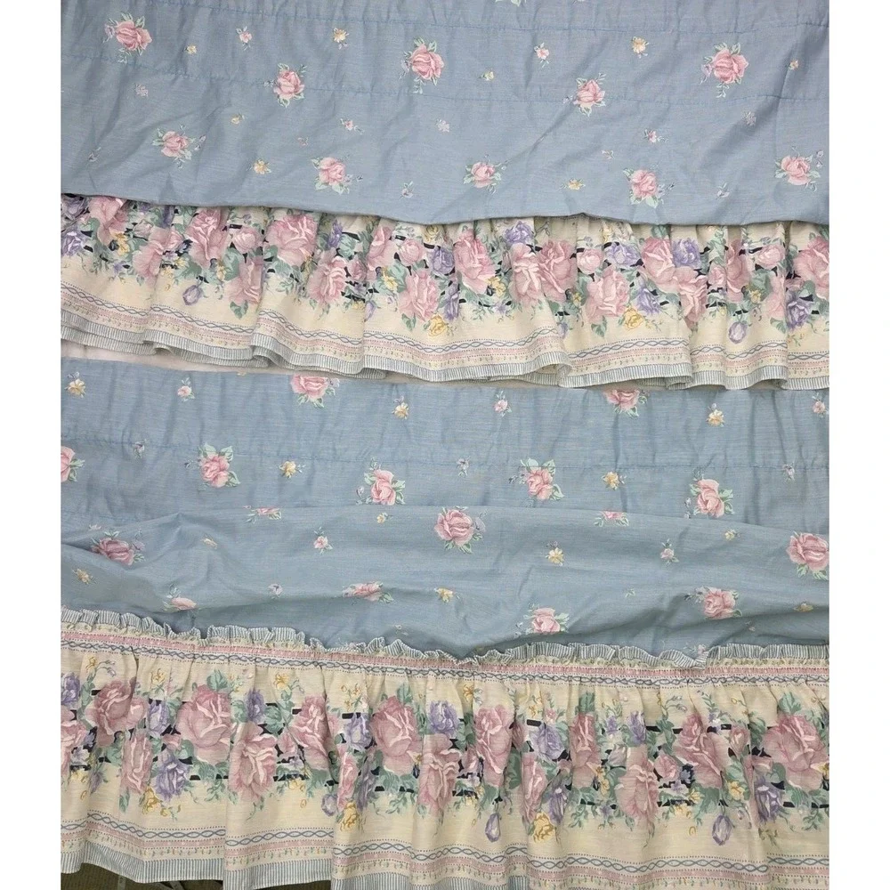 2 Vintage 1980s Floral Curtain Valances Ruffled Country Blue JCP 19x78